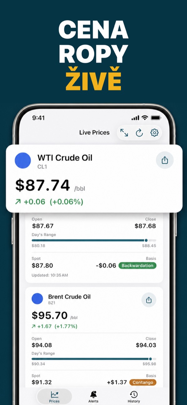 Oil Prices Live app showing WTI and Brent prices