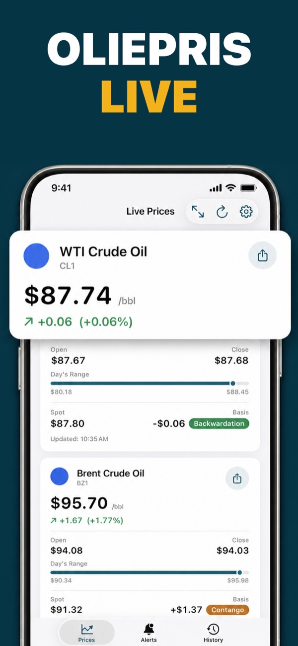 Oil Prices Live app showing WTI and Brent prices