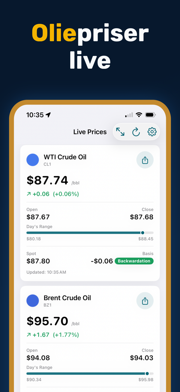 Oil Prices Live App - Real-time crude oil and energy price tracking