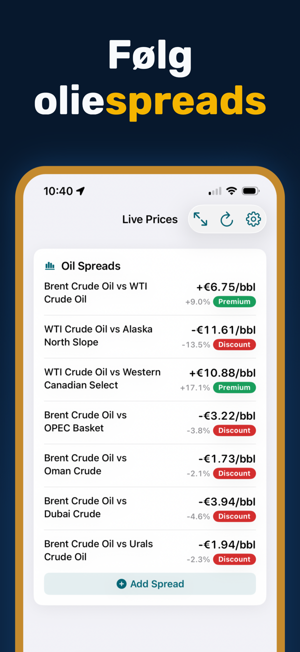 Oil Prices Live - Additional app screen
