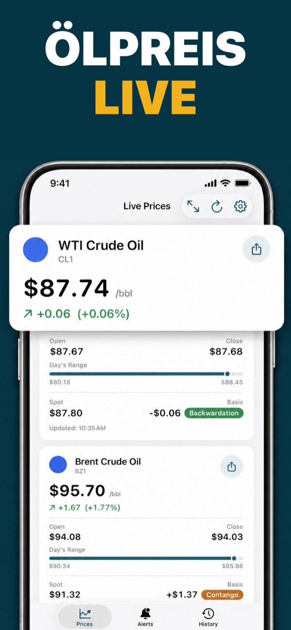 Oil Prices Live app showing WTI and Brent prices