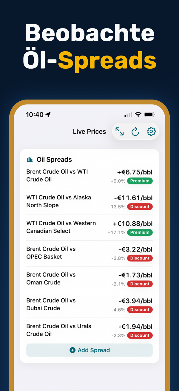 Oil Prices Live - Additional app screen