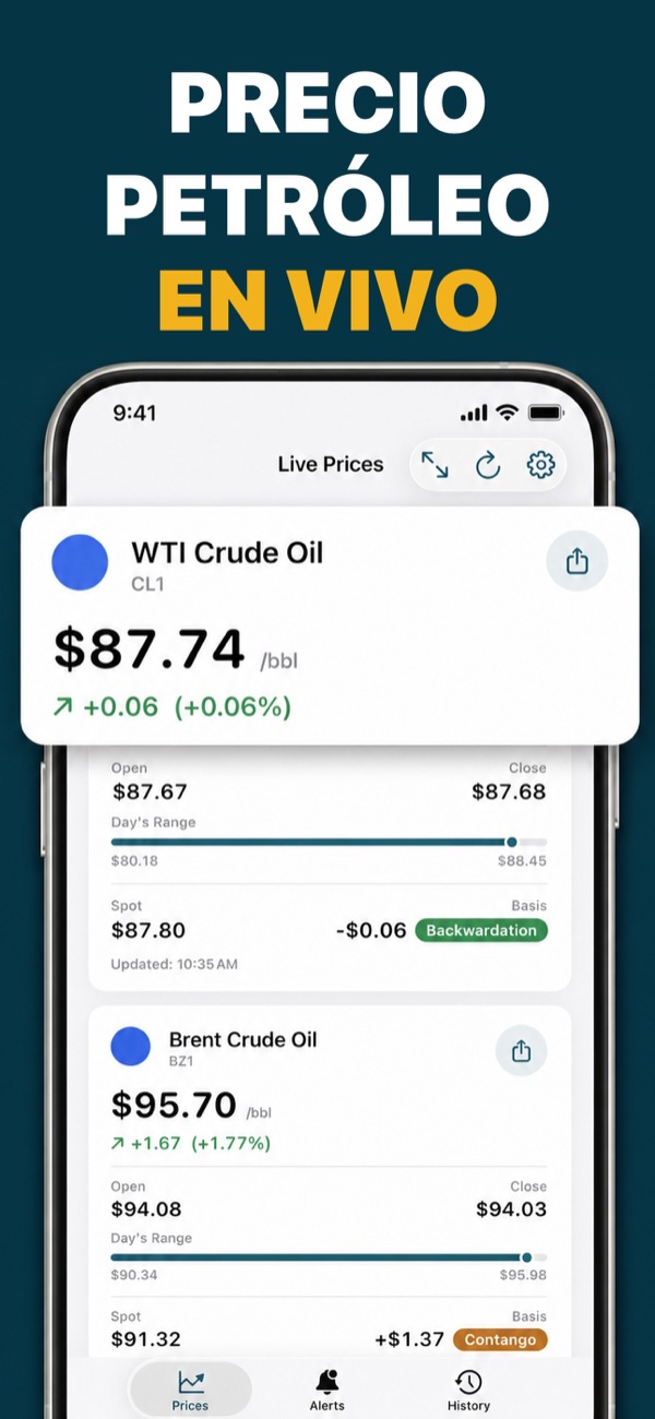 Oil Prices Live app showing WTI and Brent prices