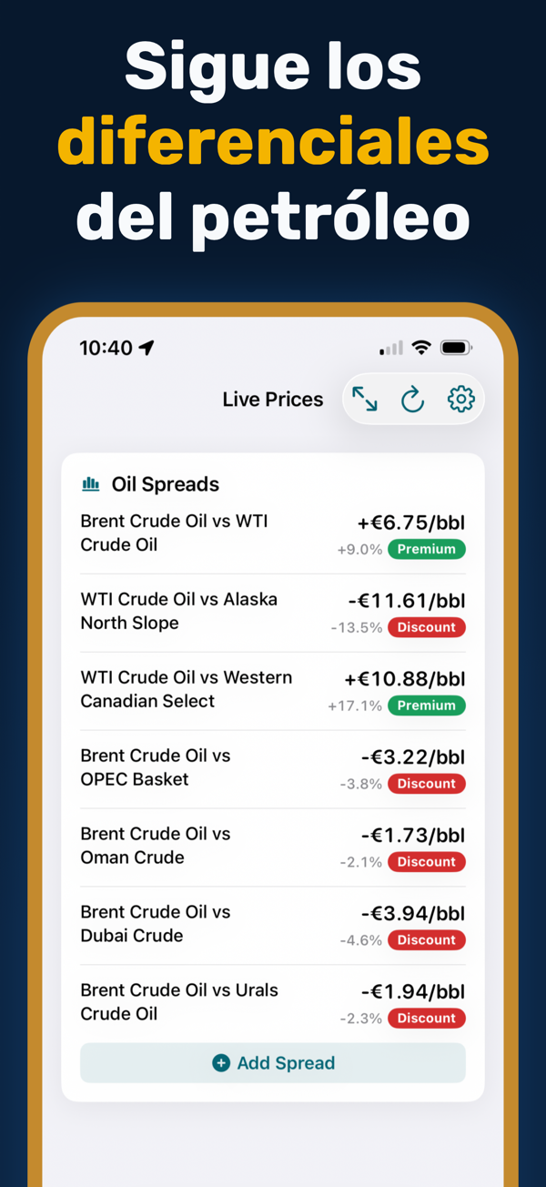 Oil Prices Live - Additional app screen
