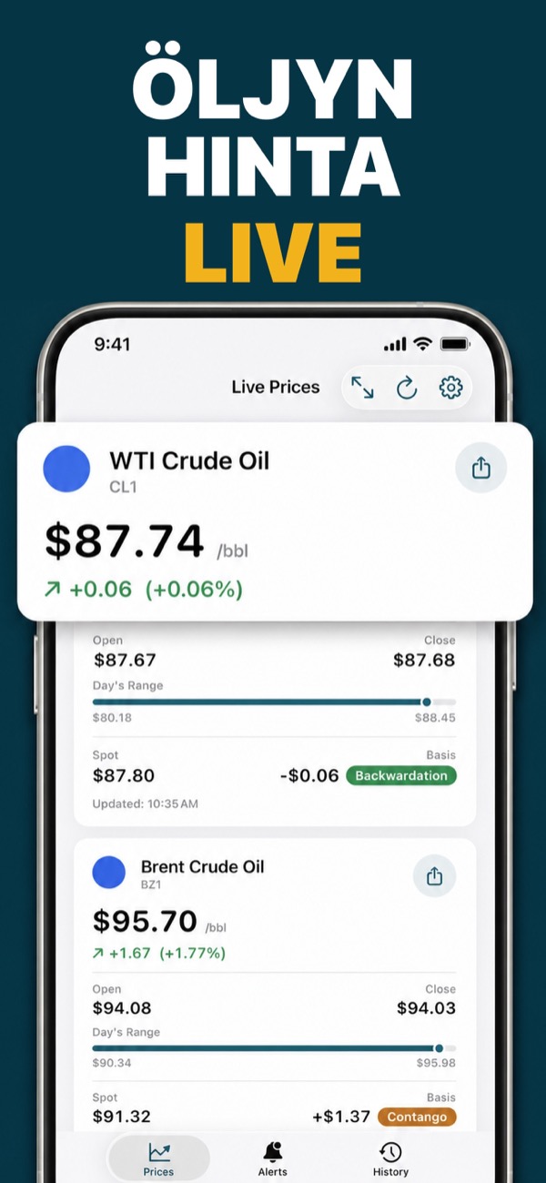 Oil Prices Live app showing WTI and Brent prices