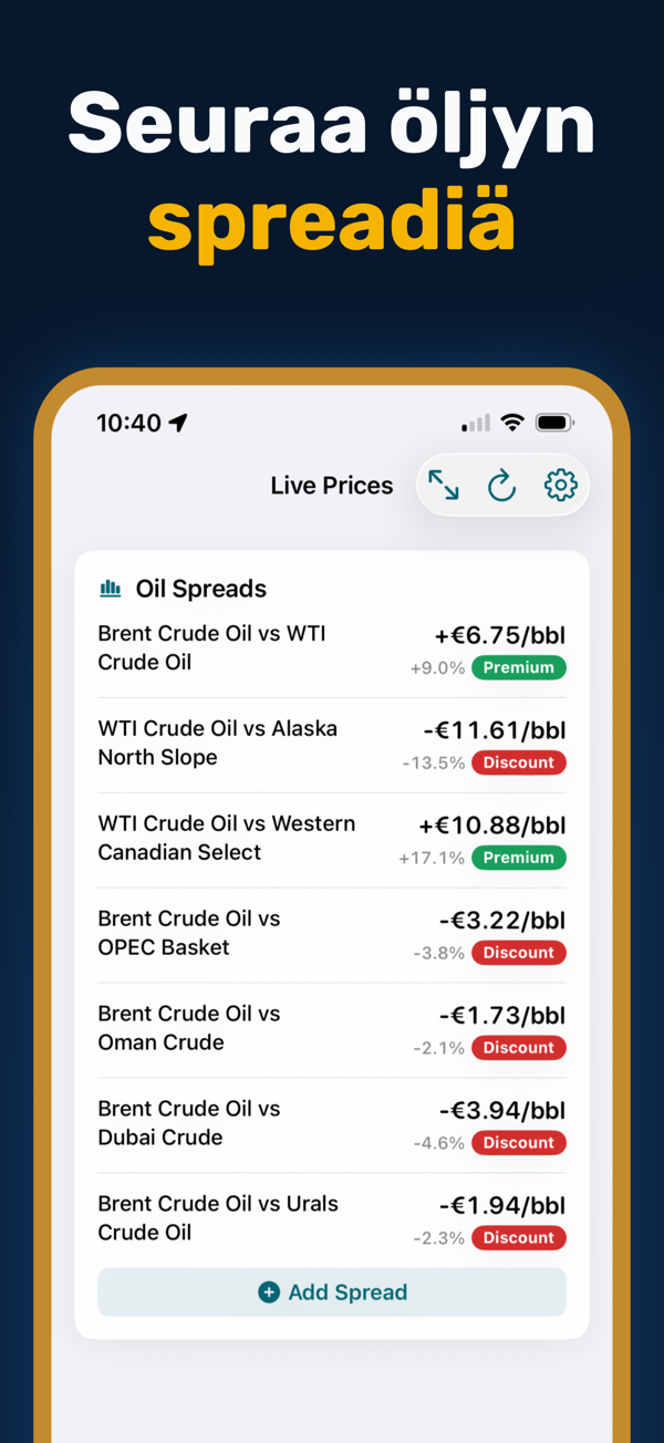 Oil Prices Live - Additional app screen