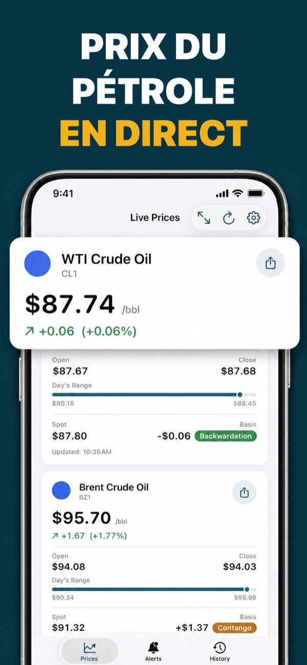 Oil Prices Live app showing WTI and Brent prices