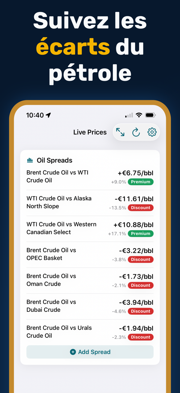 Oil Prices Live - Additional app screen