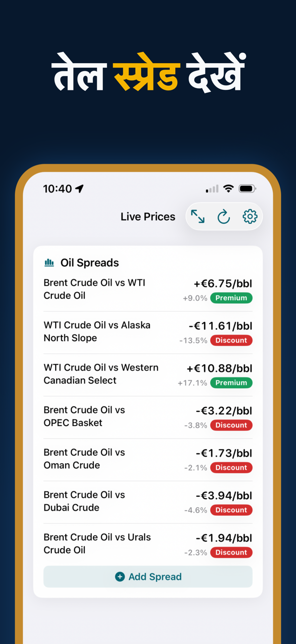 Oil Prices Live - Additional app screen