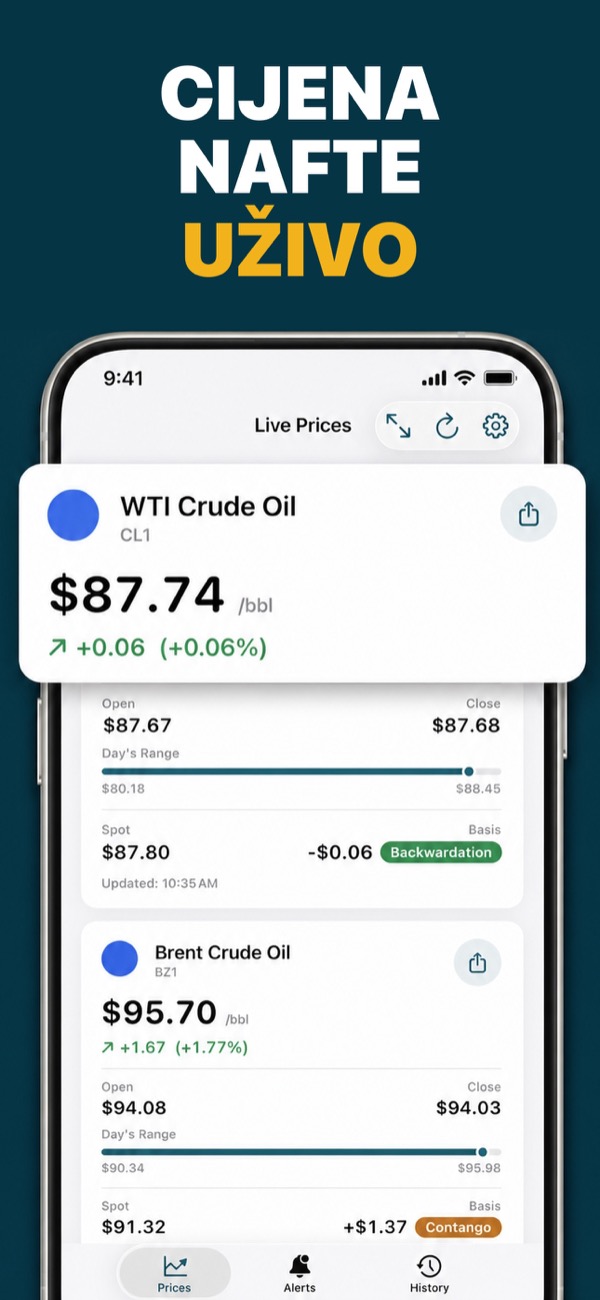 Oil Prices Live app showing WTI and Brent prices