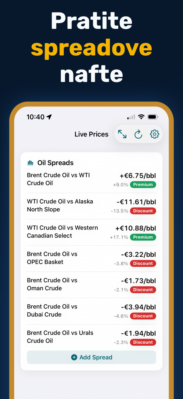 Oil Prices Live - Additional app screen