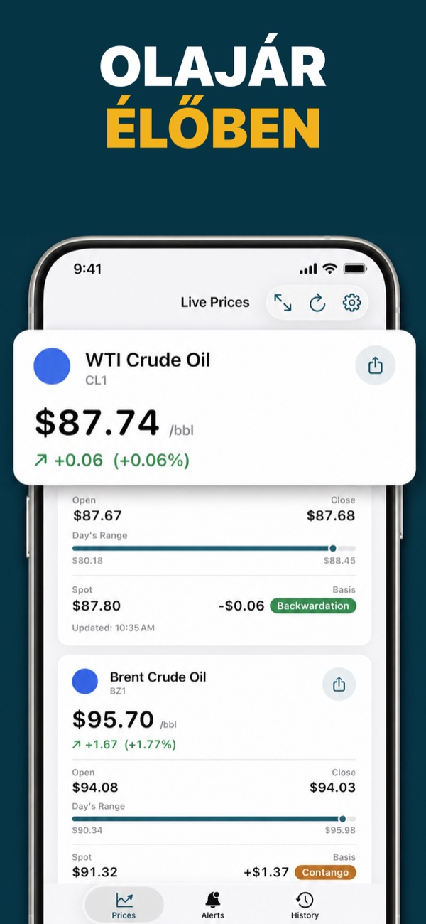 Oil Prices Live app showing WTI and Brent prices
