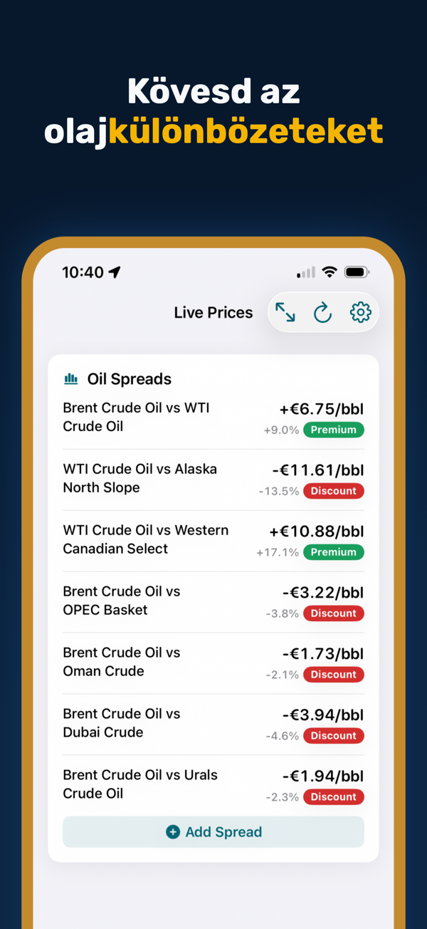 Oil Prices Live - Additional app screen