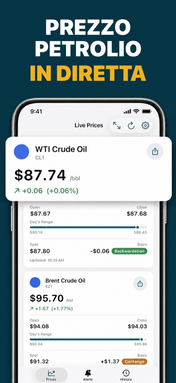 Oil Prices Live app showing WTI and Brent prices