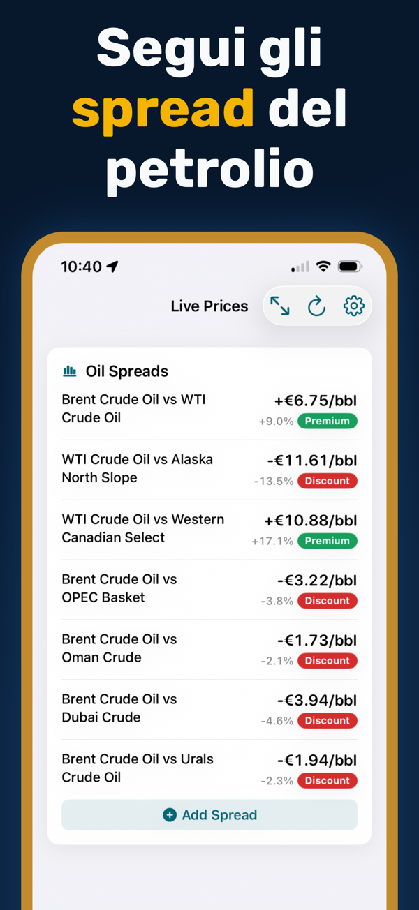 Oil Prices Live - Additional app screen