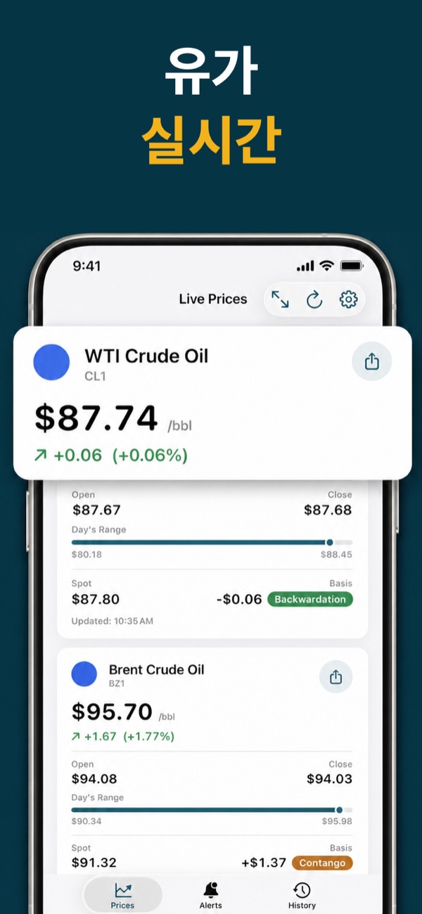 Oil Prices Live app showing WTI and Brent prices