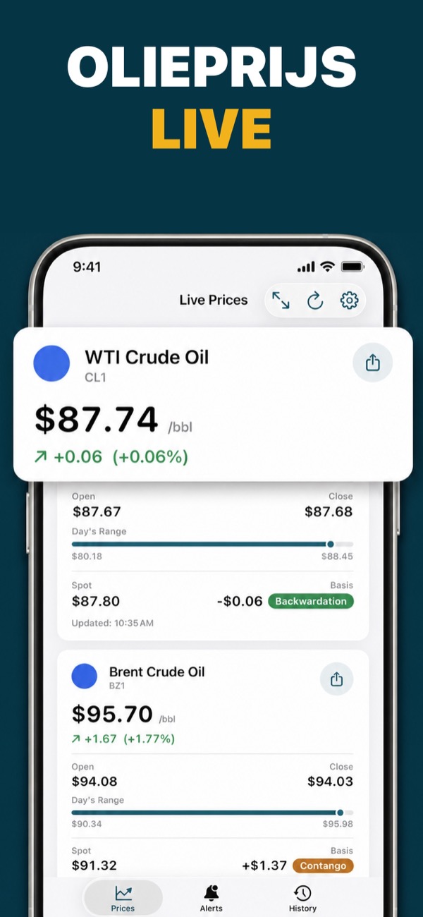 Oil Prices Live app showing WTI and Brent prices
