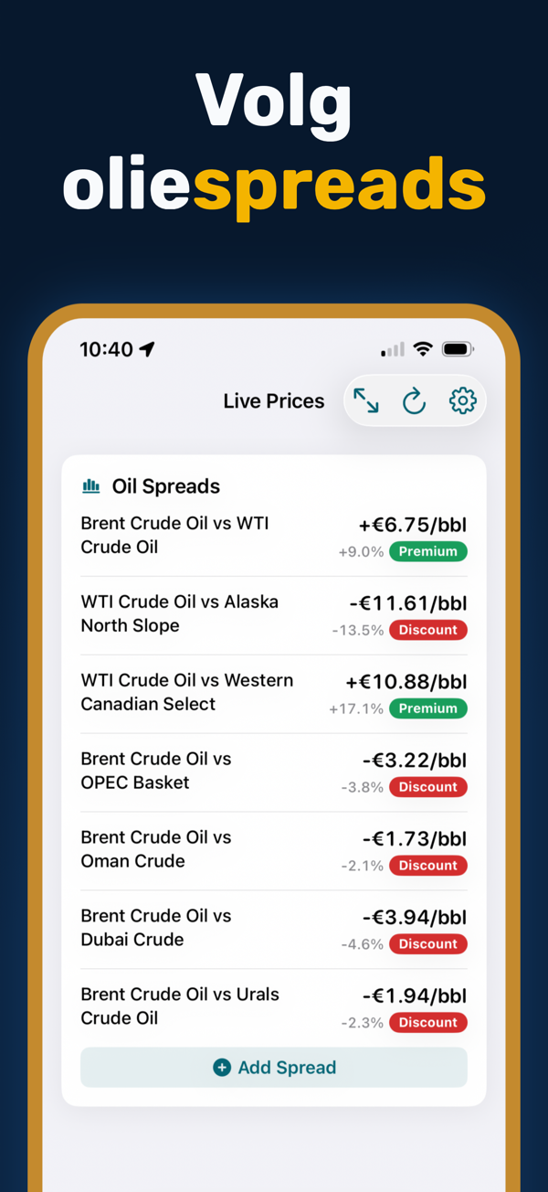 Oil Prices Live - Additional app screen