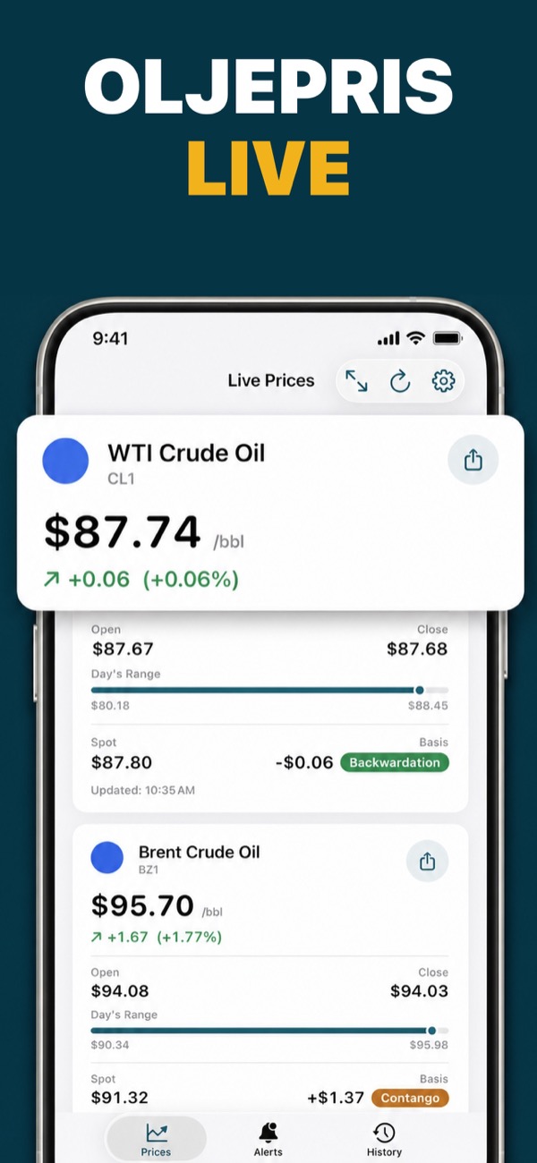 Oil Prices Live app showing WTI and Brent prices