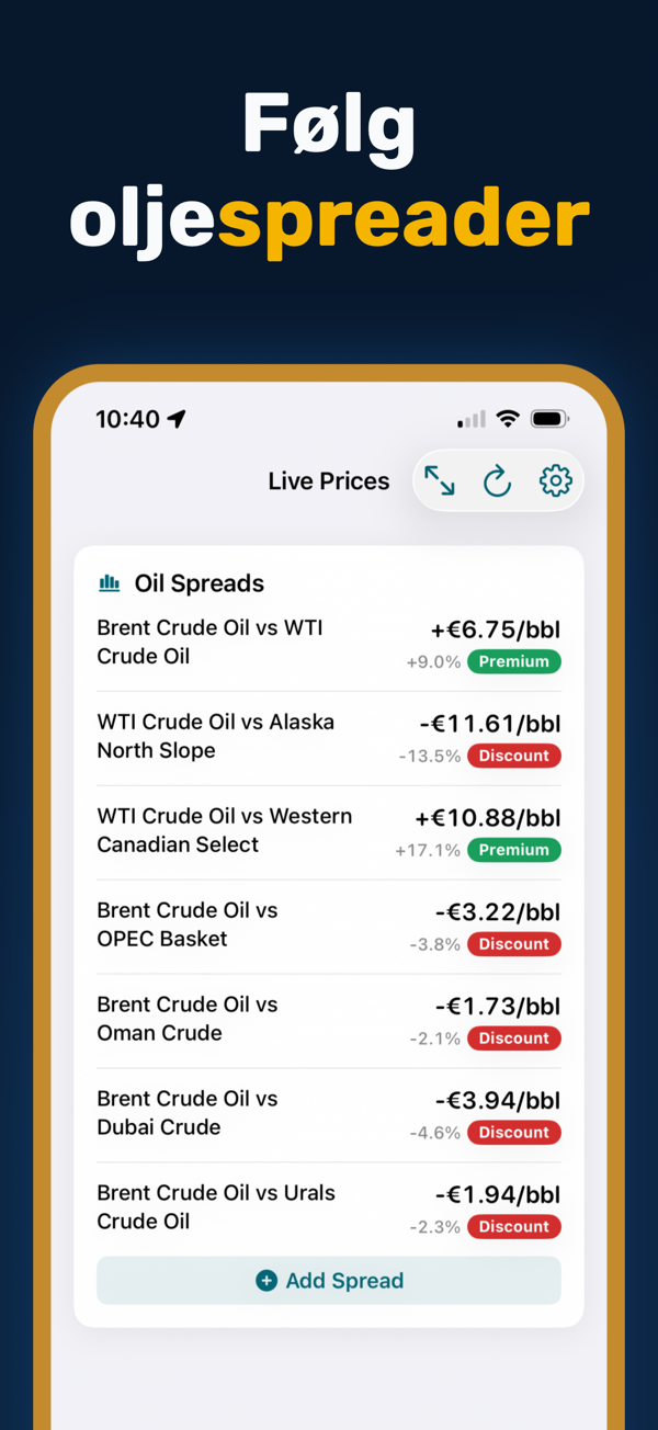 Oil Prices Live - Additional app screen