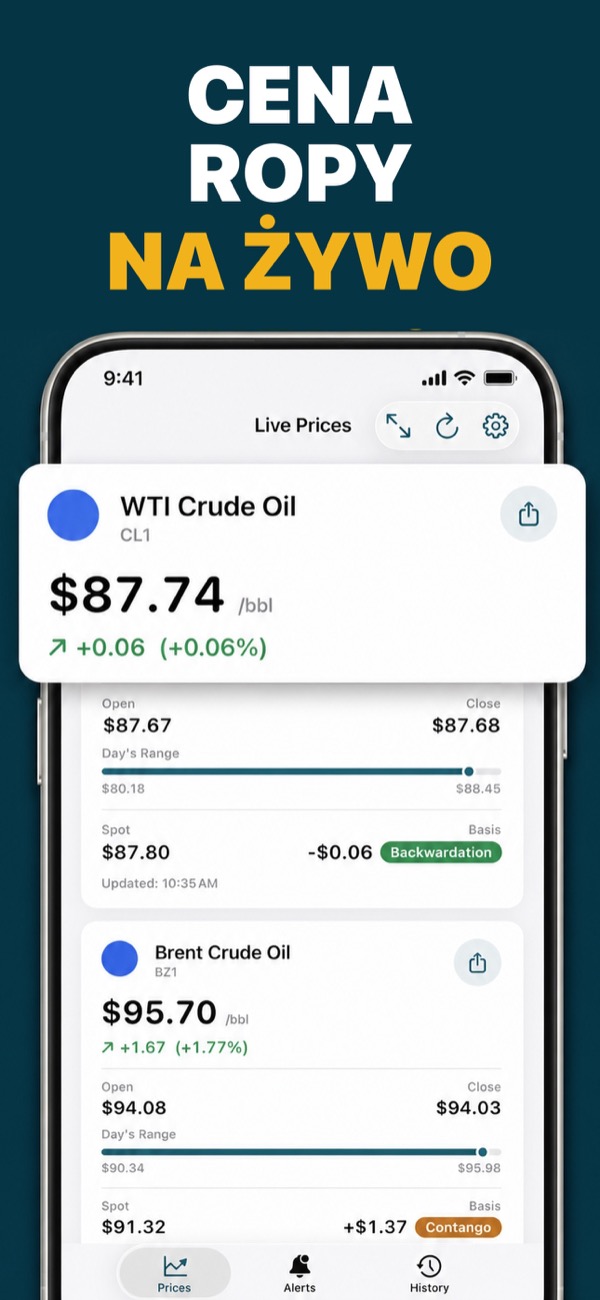 Oil Prices Live app showing WTI and Brent prices