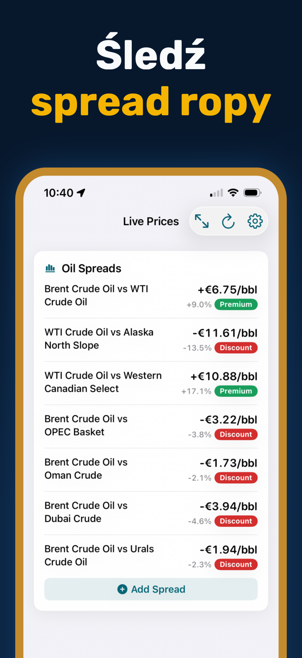Oil Prices Live - Additional app screen