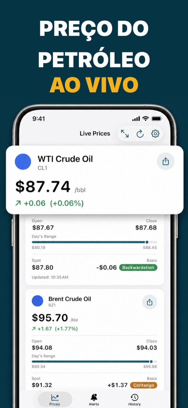 Oil Prices Live app showing WTI and Brent prices