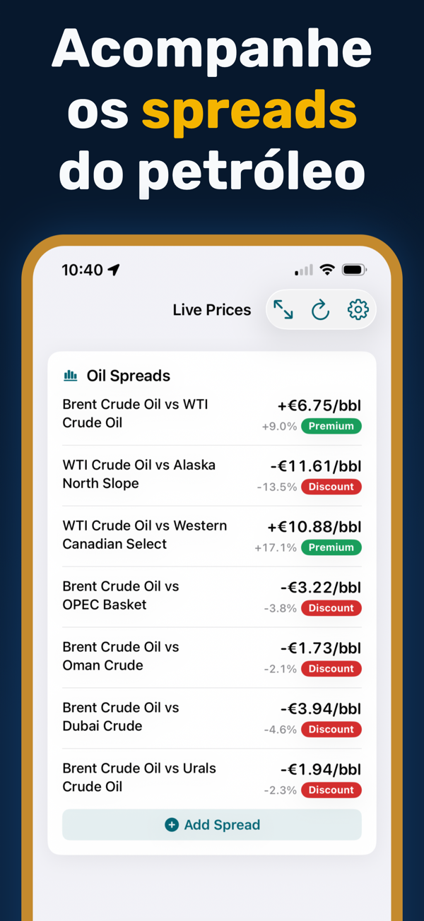 Oil Prices Live - Additional app screen