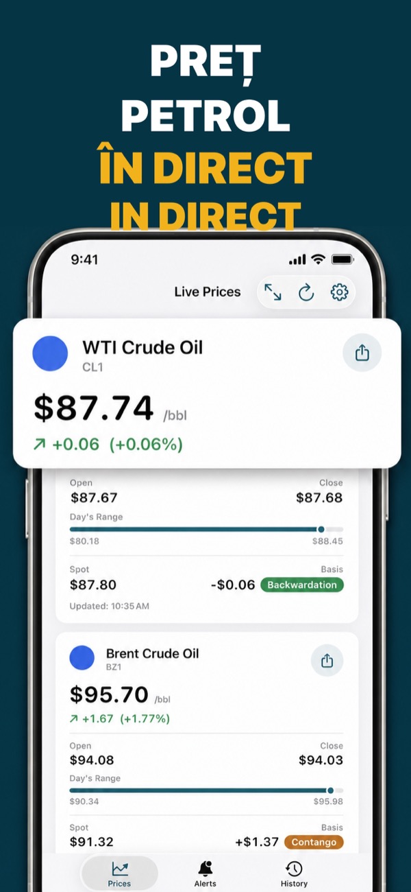 Oil Prices Live app showing WTI and Brent prices