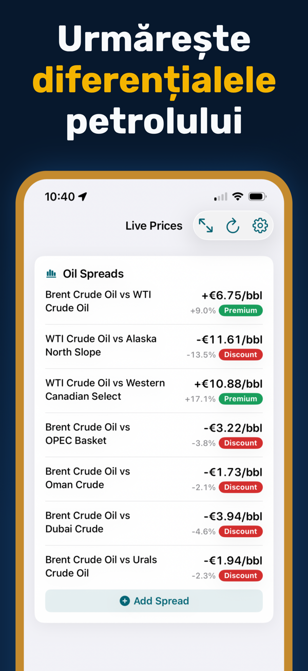 Oil Prices Live - Additional app screen