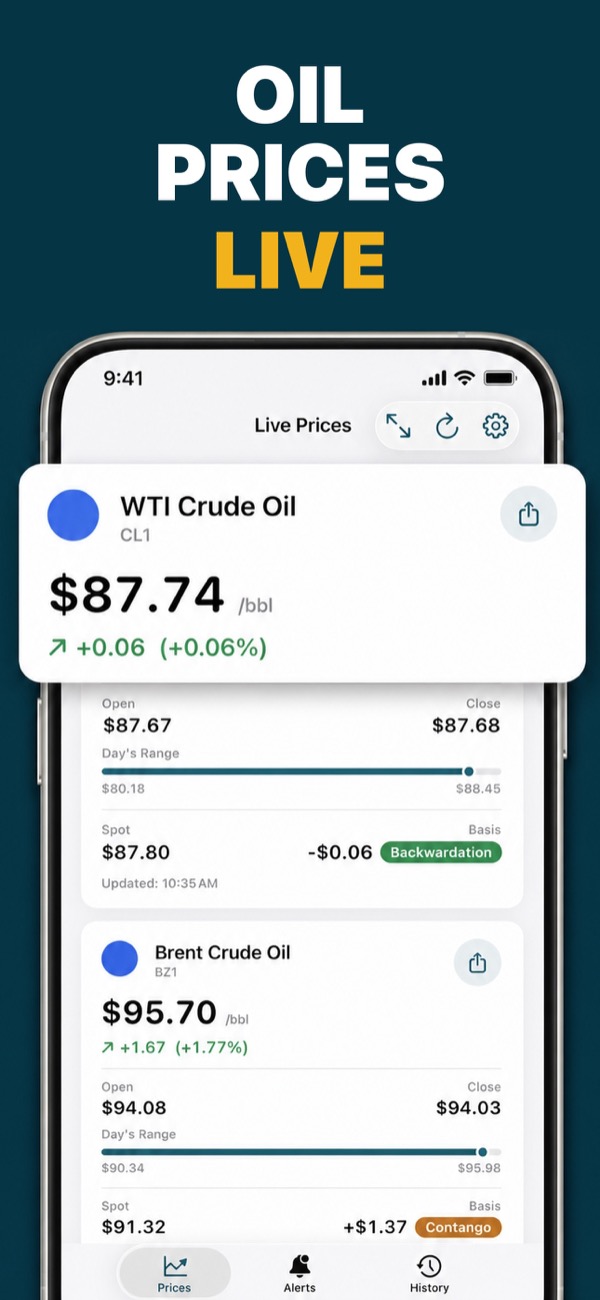Oil Prices Live app showing WTI and Brent prices
