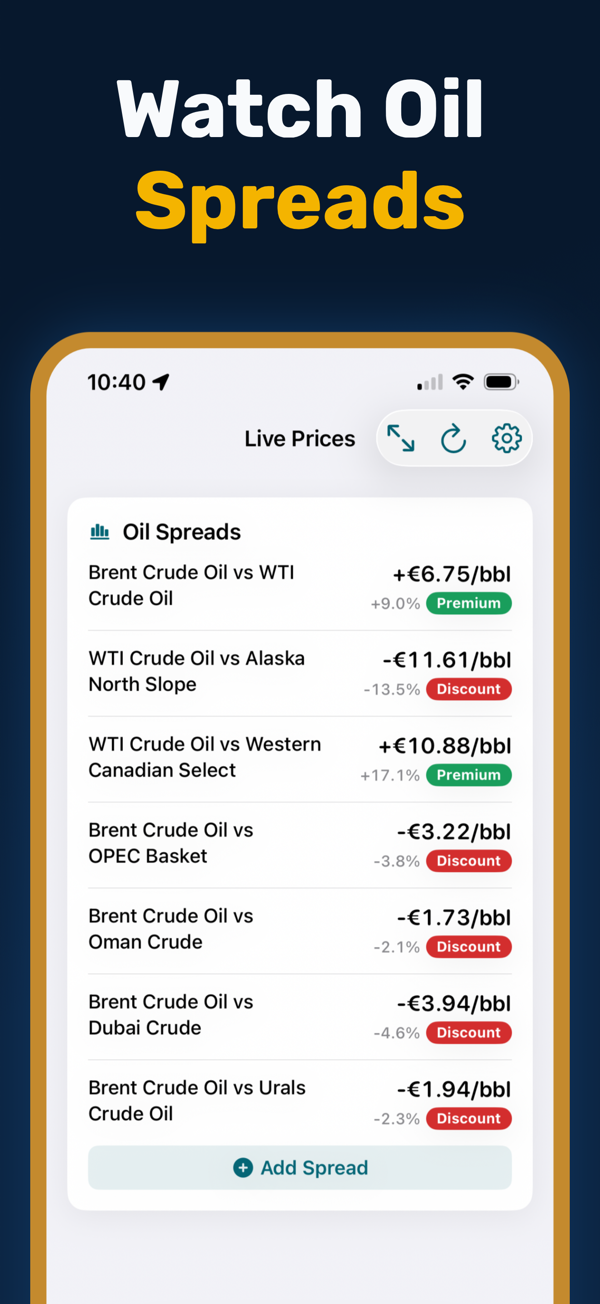 Oil Prices Live - Additional app screen