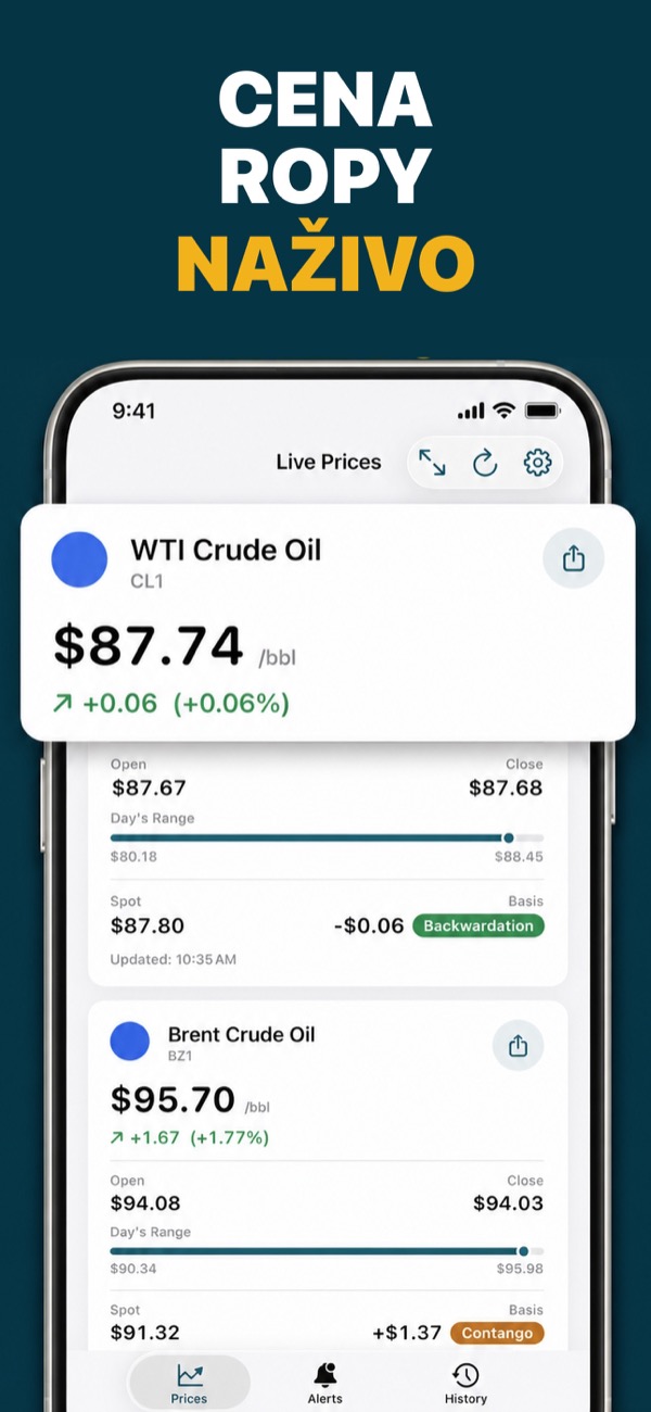 Oil Prices Live app showing WTI and Brent prices