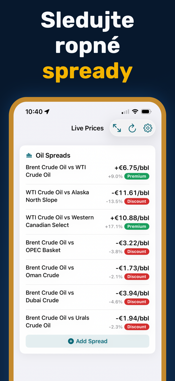Oil Prices Live - Additional app screen
