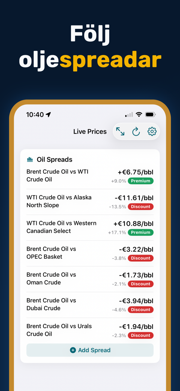 Oil Prices Live - Additional app screen