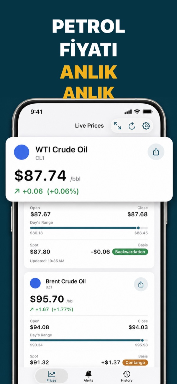 Oil Prices Live app showing WTI and Brent prices