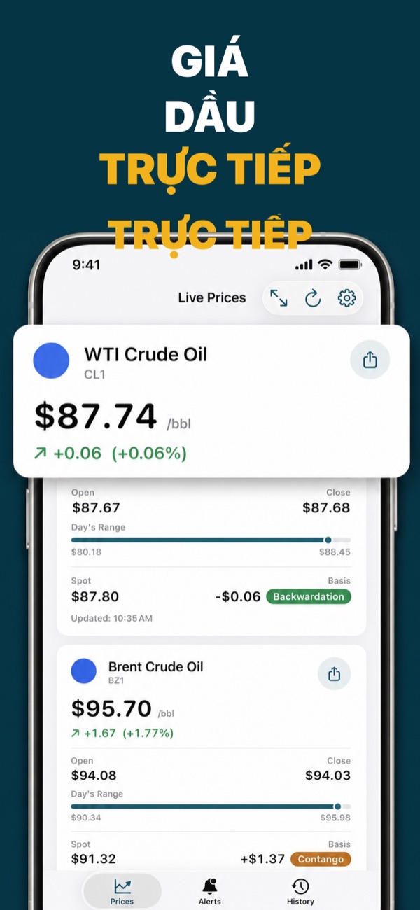 Oil Prices Live app showing WTI and Brent prices