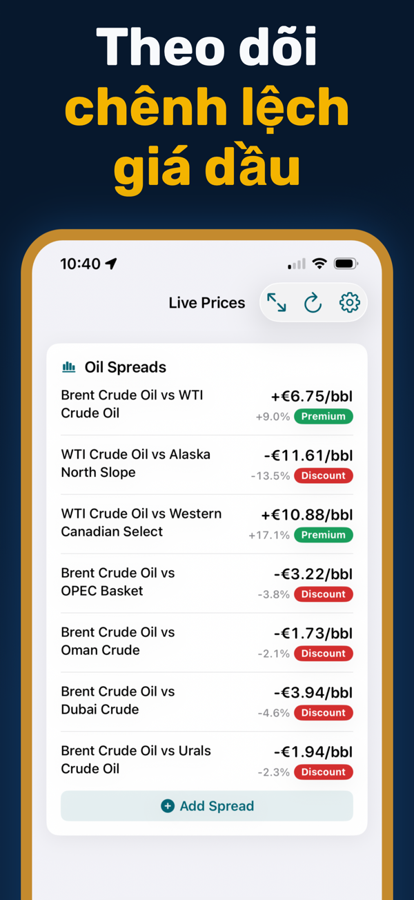 Oil Prices Live - Additional app screen