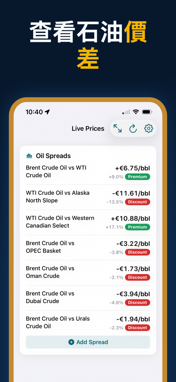 Oil Prices Live - Additional app screen